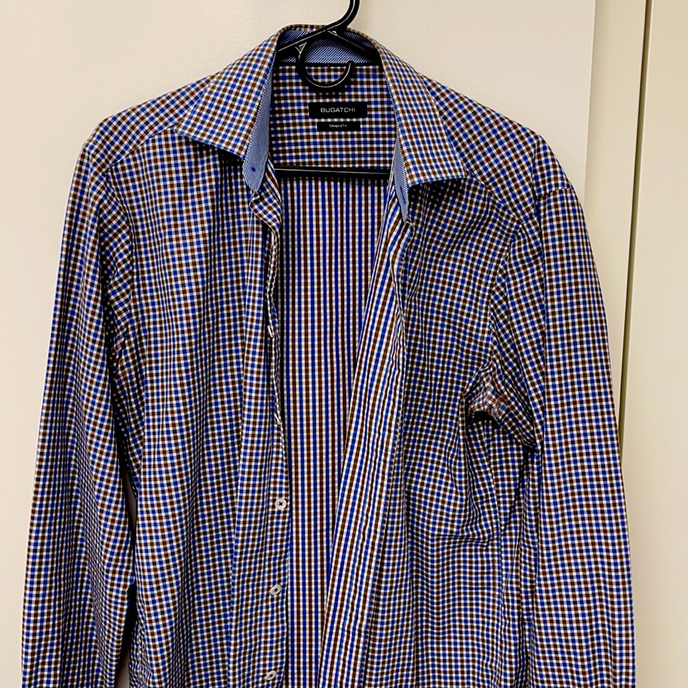 Used Blue And Brown Patterned Button Down Bugatch… - image 1